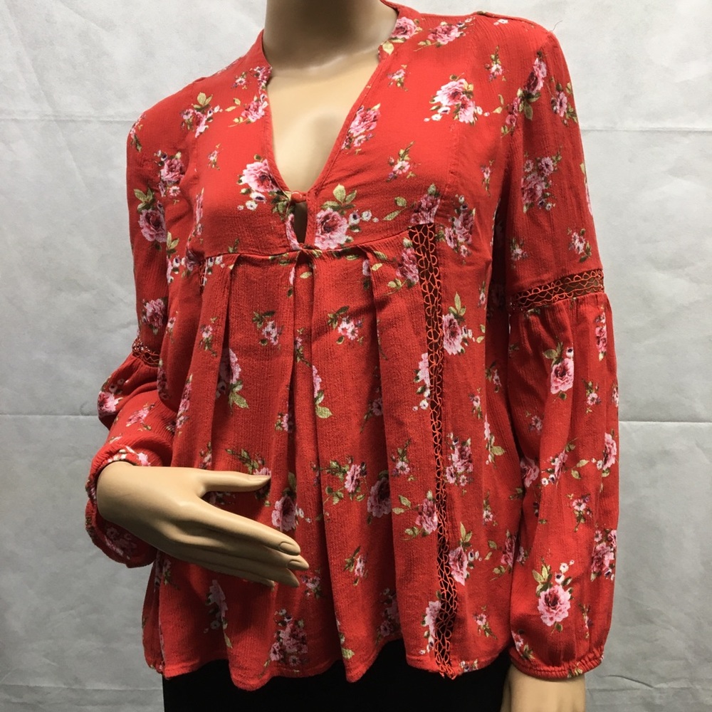 Bleuh ciel Red Boho Flowy Long Sleeves Top
